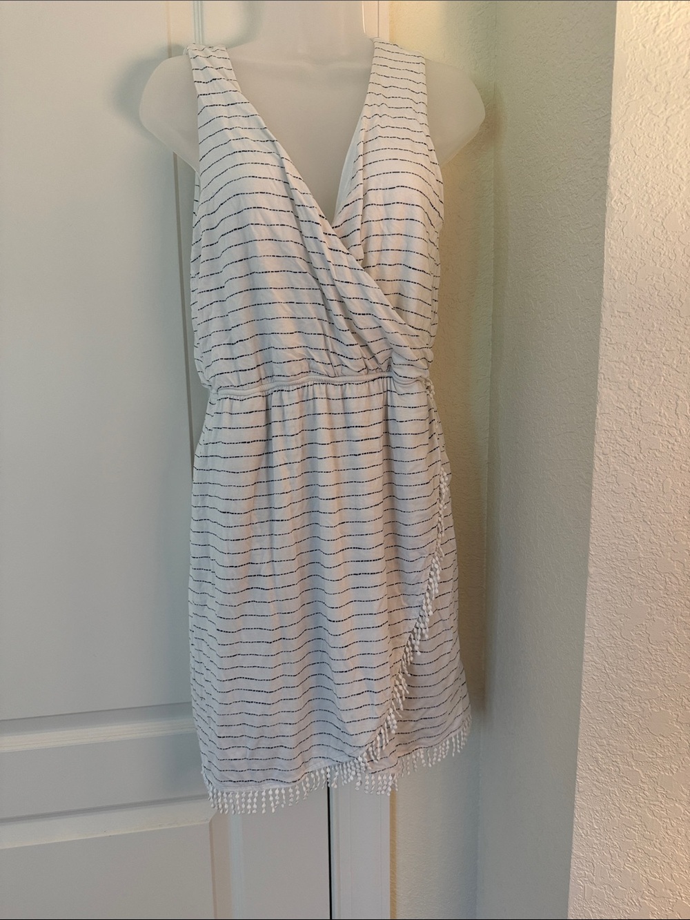 Carve Designs White and Navy Striped Sleeveless Faux Wrap Fringed Dress
